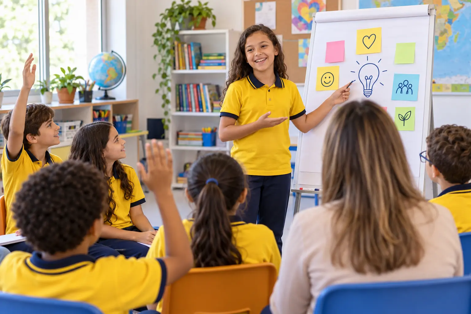 Aluna do Colégio Santa Isabel apresentando ideias para a turma em atividade de liderança