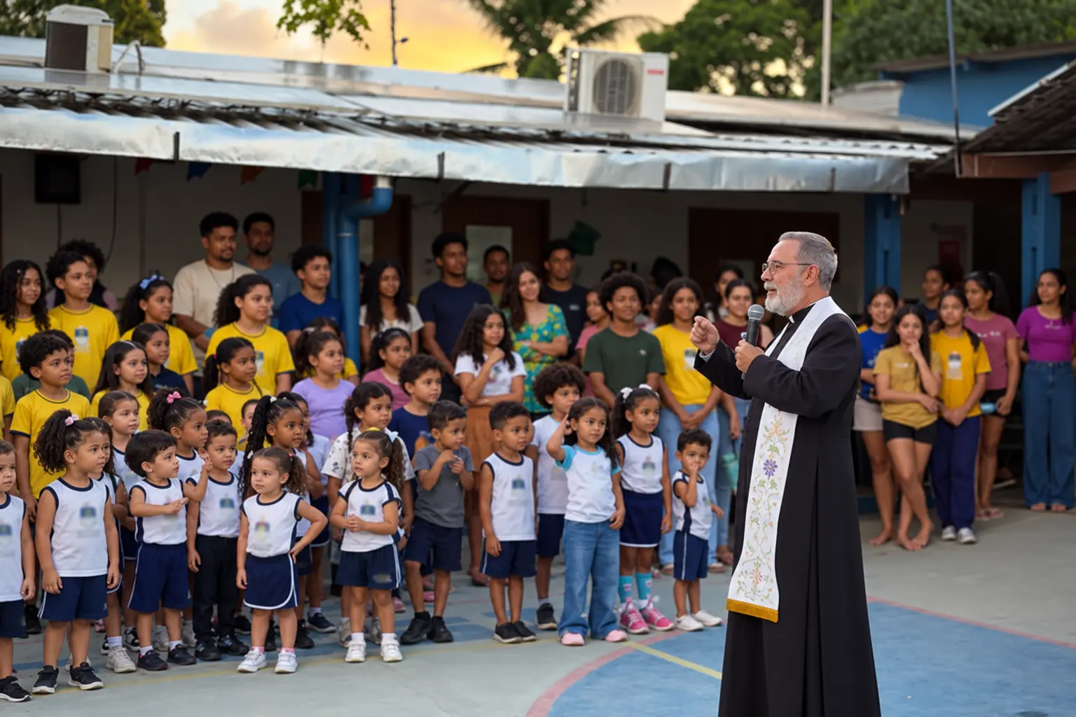 Alunos e famílias reunidos no pátio do Colégio Santa Isabel durante uma celebração